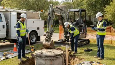 Septic repair technician inspecting plumbing system in Fort Worth, TX for urgent backup service