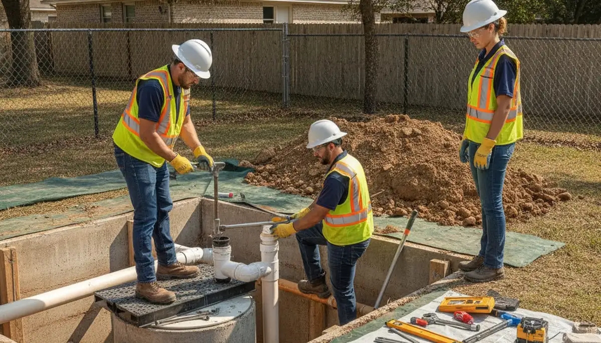 Fort Worth, TX plumber inspecting septic repair system for emergency service