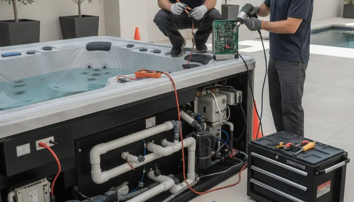 Fort Worth, TX plumber inspecting spa repair equipment for homeowners